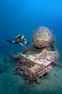 Scuba diver at the remains of a Stanier 8F locomotive