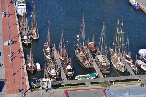 View from the Atlantic Hotel Sail City on traditional boats in the new harbour