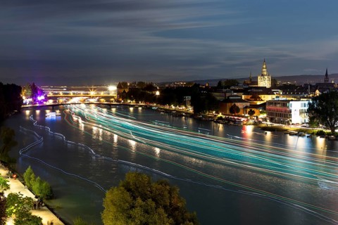 Light tracers of ships on the Rhine River during the Seenachtfest Festival