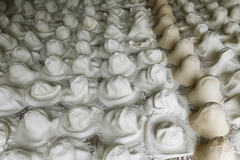 Moulded blank Panama hats are left to dry out