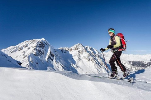 Ski mountaineer during the ascent of Mt Seespitz at Deutschnonsberg