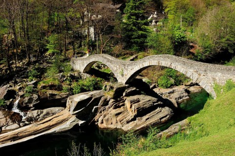 Ponte dei Salti pedestrian bridge in the Verzasca Valley spans the river Verzasca