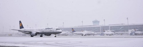 Lufthansa Airbus A321-200 aircraft rolling on the run during snowfall