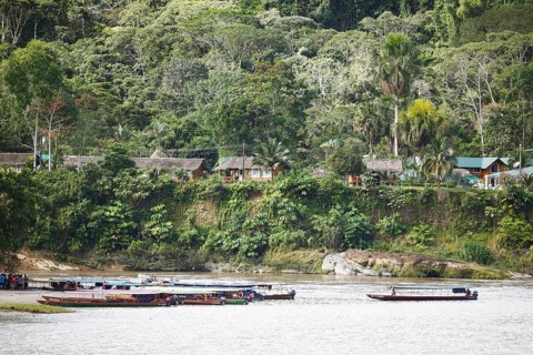 Dugout canoes on the jungle beach of Misahualli