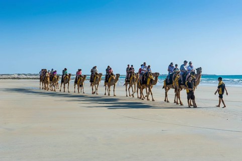 Tourists riding on camels on Cable Beach