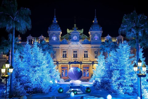 Square of the Monte-Carlo Casino at Christmas time with illuminated Christmas trees