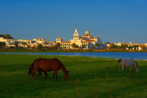 El Rocio village and Ermita del Rocio hermitage in morning light