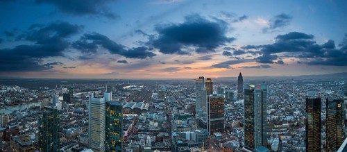 View of the city at sunset from the Main Tower with skyscrapers in the financial district