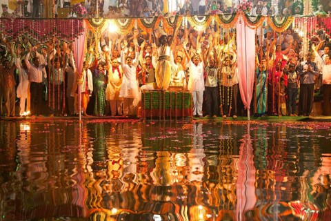 Hindu believers during a religious ceremony