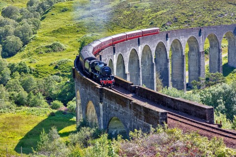 Glenfinnan viaduct from the Harry Potter films with historic train