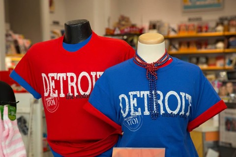 T-shirts on sale in a gift shop at Detroit Metro Airport