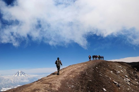 Hiking group on the volcanic crater