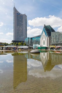 City-Hochhaus Leipzig skyscraper and the University Church of St. Pauli