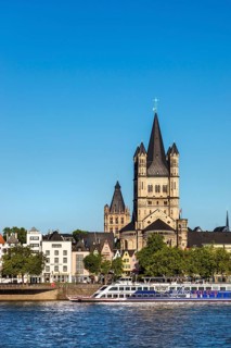 View over the Rhine of the historic centre with Great St. Martin Church and City Hall