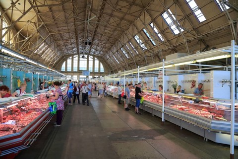 Market hall with meat products