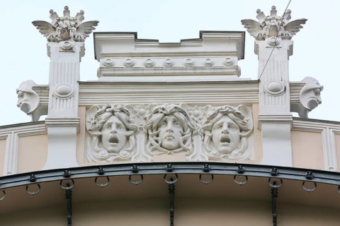 Three heads of Medusa on the facade of the house Alberta iela
