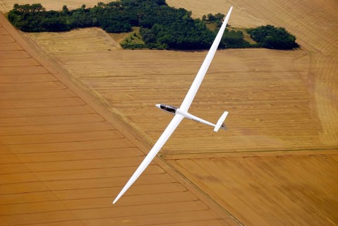 Glider type Nimbus 3 DT circling over a cornfield in thermal updraft