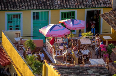 View from the bell tower of the church Convento de San Francisco de Asis onto a terrace