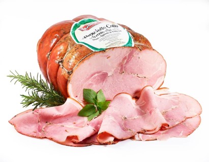Ham with Rosemary (Rosmarinus officinalis) and Thai basil (Ocimum basilicum var. thyrsiflora) as decoration