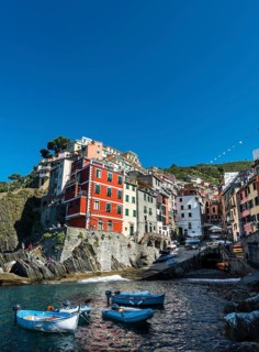Town view with harbor and colorful houses