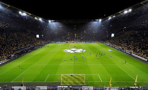 The sold-out Signal Iduna Arena before the kickoff of the UEFA Champions League game Borussia Dortmund vs Arsenal