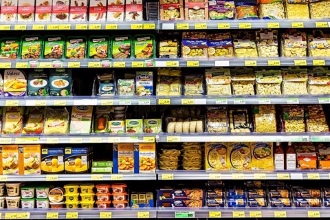 Shelf with various ready-made meals