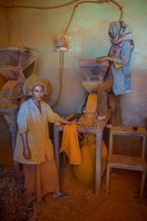 Women working in a Berbere red pepper spice factory at the Medebar market