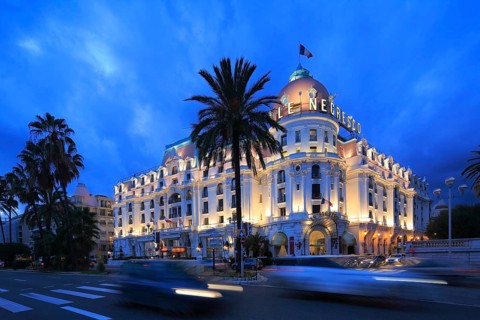 Hotel Le Negresco on the Promenade des Anglais in the evening