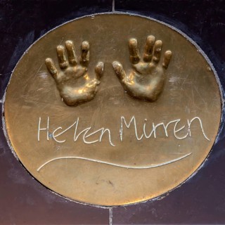 Handprints of British actress Helen Mirren on the floor in front of a London cinema