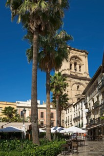 Plaza Romanilla with the tower of the Granada Cathedral