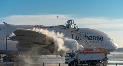 Lufthansa Airbus A380-841 during deicing at Frankfurt Airport