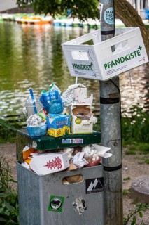 Overflowing public rubbish bin