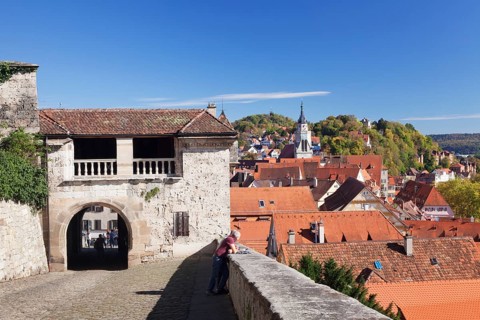 View from Schloss Hohentubingen castle on the old town with collegiate church