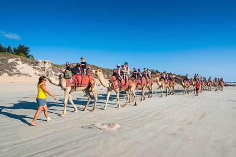 Tourists riding on camels on Cable Beach
