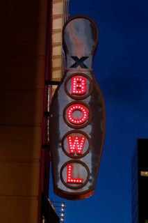Neon light in the shape of a bowling pin