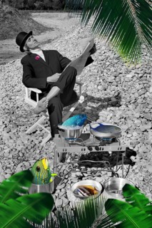 Man with bowler hat with camping equipment