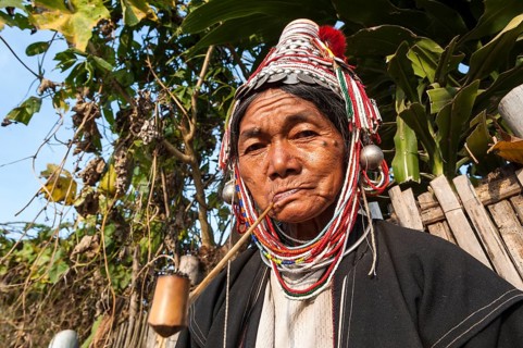 Traditionally dressed elderly woman from the Akha people