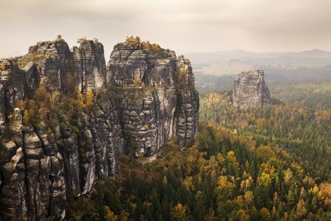 View of the Schrammstein rocks in the Elbe Sandstone Mountains