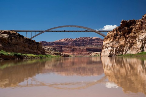 The bridge over the Colorado River where the river flows into Lake Powell