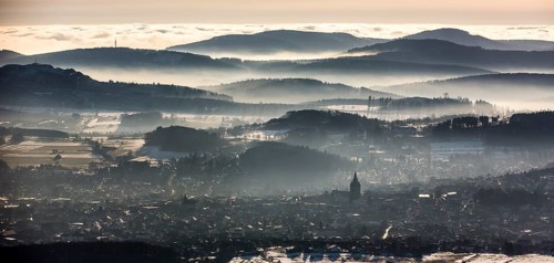 View from Scharfenberg on Brilon with Provost Church of St. Peter and Andrew