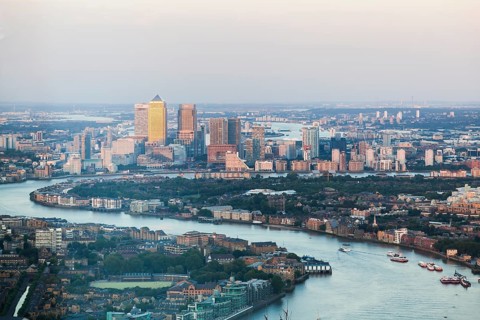 View of the Canary Wharf financial center and the river Thames