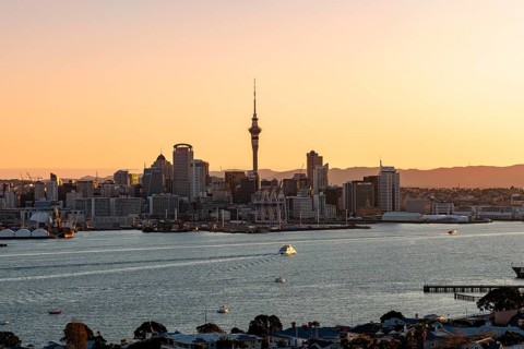 Skyline of Auckland at sunset