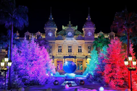 Square of the Monte-Carlo Casino at Christmas time with illuminated Christmas trees