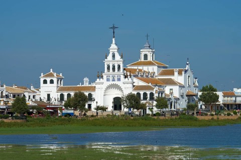 Hermitage of El Rocio in the lagoon of the Donana National Park