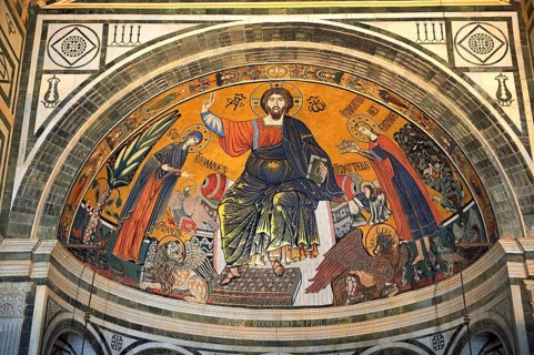 The medieval Romanesque style Byzantine mosaic of Christ between the Virgin Mary and St Minias