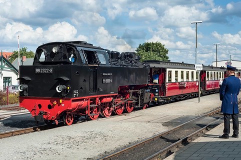 Historic narrow gauge railway ""Molli"" at the station of Bad Doberan