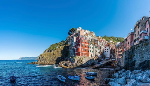Town view with harbor and colorful houses