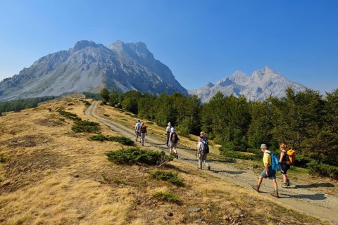 Group of hikers on a trail in the Komovi Mountains