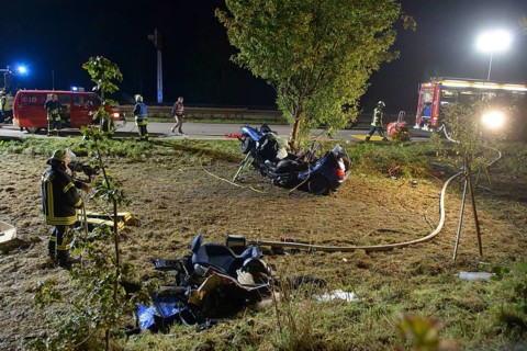 The wreckage of a Peugeot after fatally crashing into a tree