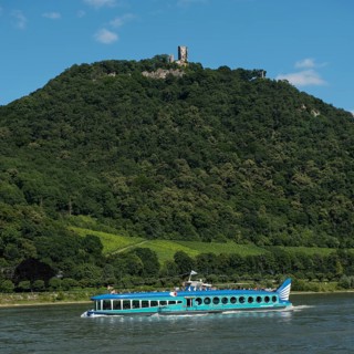 View over the Rhine on Mt. Drachenfels with and Burg Drachenfels castle ruins